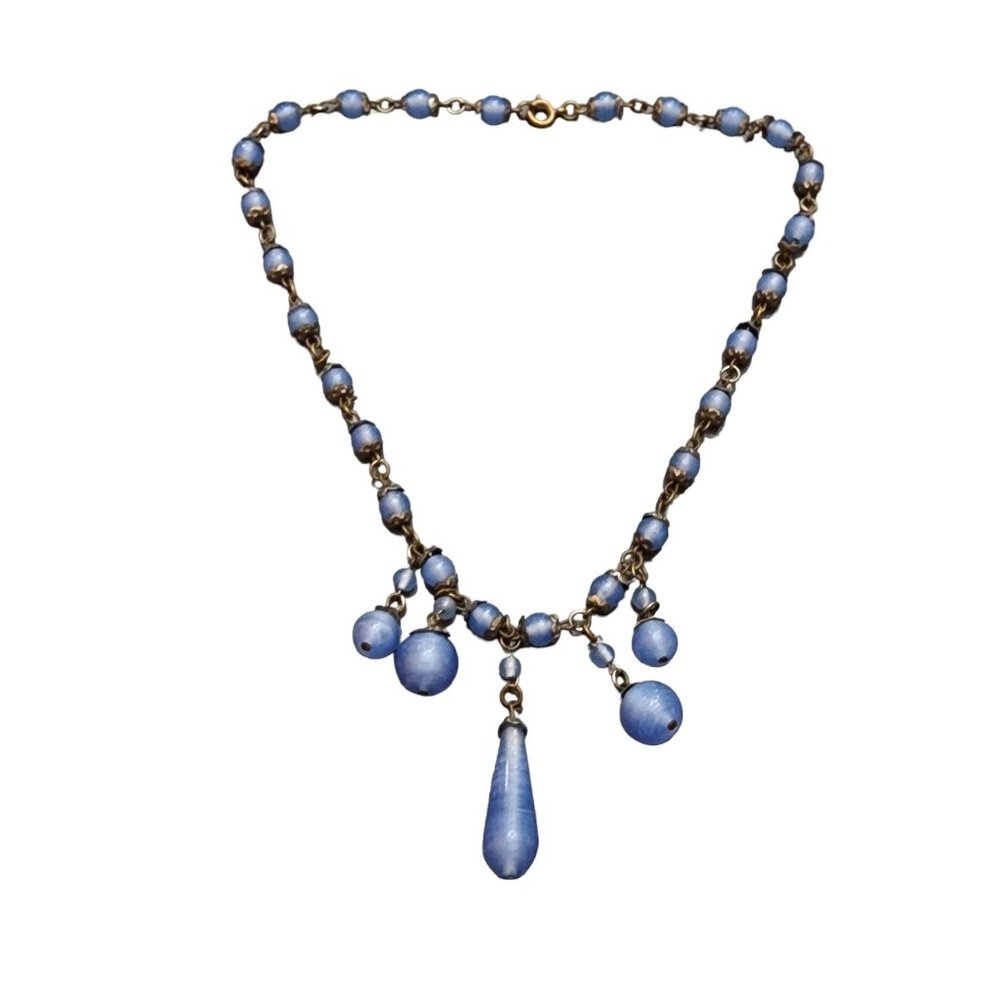 Vintage Art Deco Periwinkle Dangle Drop Glass Necklace (A2534)